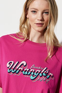 Oversize Fit Rahat Kesim %100 Pamuk Bisiklet Yaka Fuşya Tişört - Fuschia-W231226612 (görsel 5)