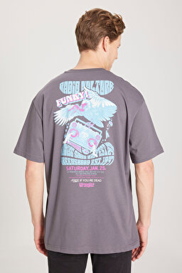 Loose Fit Rahat Kesim %100 Pamuk Bisiklet Yaka Antrasit Tişört - Anthracite-W231231003 (görsel 2)