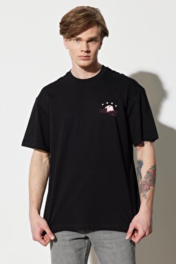 Loose Fit Rahat Kesim %100 Pamuk Bisiklet Yaka Siyah Tişört - Black-W231233001 (görsel 2)