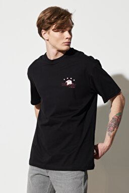 Loose Fit Rahat Kesim %100 Pamuk Bisiklet Yaka Siyah Tişört - Black-W231233001 (görsel 3)