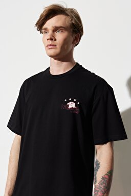 Loose Fit Rahat Kesim %100 Pamuk Bisiklet Yaka Siyah Tişört - Black-W231233001 (görsel 5)
