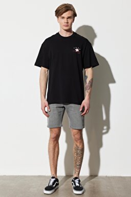 Loose Fit Rahat Kesim %100 Pamuk Bisiklet Yaka Siyah Tişört - Black-W231233001 (görsel 7)