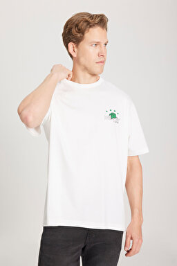 Loose Fit Rahat Kesim %100 Pamuk Bisiklet Yaka Kırık Beyaz Tişört - Off White-W231233102
