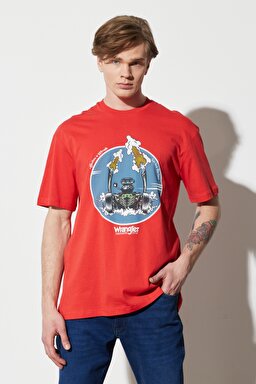 Loose Fit Rahat Kesim %100 Pamuk Bisiklet Yaka Kırmızı Tişört - Red-W231237600