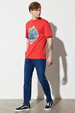 Loose Fit Rahat Kesim %100 Pamuk Bisiklet Yaka Kırmızı Tişört - Red-W231237600 (görsel 6)