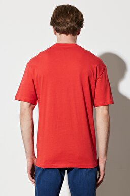Loose Fit Rahat Kesim %100 Pamuk Bisiklet Yaka Kırmızı Tişört - Red-W231237600 (görsel 7)