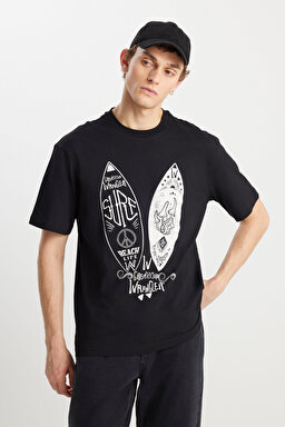 Loose Fit Rahat Kesim %100 Pamuk Bisiklet Yaka Siyah Tişört - Black-W231238001 (görsel 2)