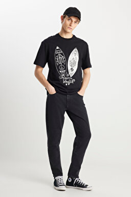 Loose Fit Rahat Kesim %100 Pamuk Bisiklet Yaka Siyah Tişört - Black-W231238001 (görsel 3)