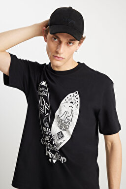 Loose Fit Rahat Kesim %100 Pamuk Bisiklet Yaka Siyah Tişört - Black-W231238001 (görsel 4)