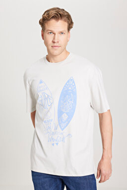 Loose Fit Rahat Kesim %100 Pamuk Bisiklet Yaka Gri Tişört - Light Stone-W231238811