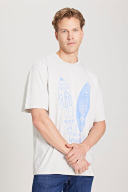 Loose Fit Rahat Kesim %100 Pamuk Bisiklet Yaka Gri Tişört - Light Stone-W231238811 (görsel 2)
