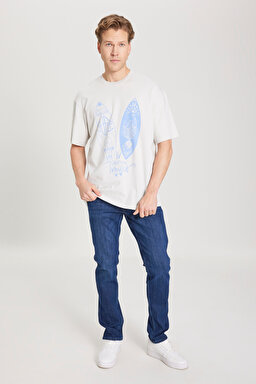 Loose Fit Rahat Kesim %100 Pamuk Bisiklet Yaka Gri Tişört - Light Stone-W231238811 (görsel 4)