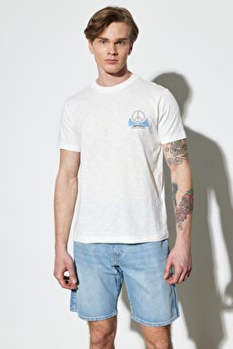 Regular Fit Normal Kesim %100 Pamuk Bisiklet Yaka Kırık Beyaz Tişört - Off White-W231241102 (görsel 2)