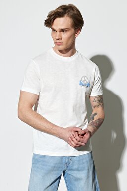 Regular Fit Normal Kesim %100 Pamuk Bisiklet Yaka Kırık Beyaz Tişört - Off White-W231241102 (görsel 3)