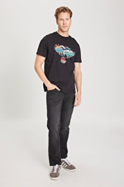 Regular Fit Normal Kesim %100 Pamuk Bisiklet Yaka Siyah Tişört - Black-W231243001 (görsel 3)