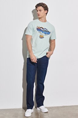 Regular Fit Normal Kesim %100 Pamuk Bisiklet Yaka Açık Mavi Tişört - Light Blue-W231243404 (görsel 5)
