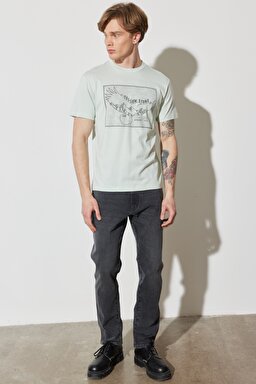 Regular Fit Normal Kesim %100 Pamuk Bisiklet Yaka Açık Yeşil Tişört - Light Blue-W231251404 (görsel 6)