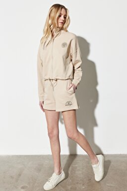 Regular Fit Normal Kesim Lastikli Bel Bej Sweat Şort - Beige-W231281614