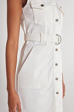 Regular Fit Normal Kesim Kolsuz Beyaz Jean Kot Elbise - Off White-W231290102 (görsel 7)