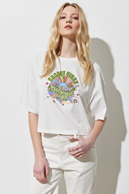 Regular Fit %100 Pamuk Bisiklet Yaka Kırık Beyaz Crop Tişört - Off White-W231328102