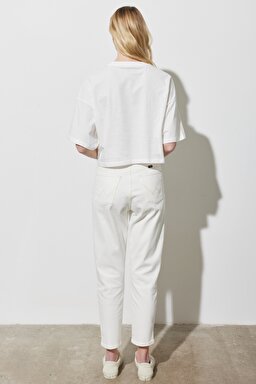 Regular Fit %100 Pamuk Bisiklet Yaka Kırık Beyaz Crop Tişört - Off White-W231328102 (görsel 5)