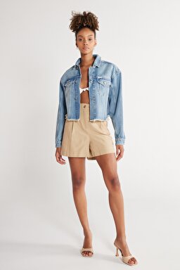 Regular Fit Normal Kesim Mavi Esnek Crop Jean Kot Ceket - Mid Blue-W231349XT (görsel 7)