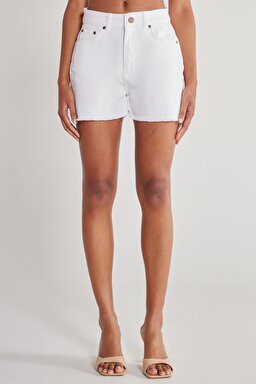 Regular Fit Normal Kesim Yüksek Bel Beyaz Esnek Jean Kot Şort - White-W231571100