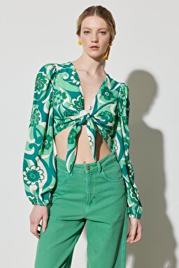 Regular Fit Normal Kesim V Yaka Yeşil Desenli Crop Bluz - Green-W231592300 (görsel 3)