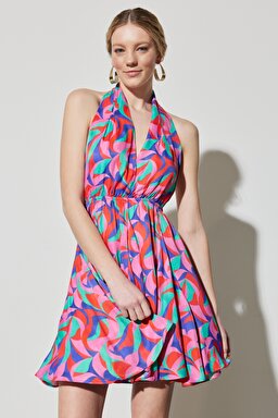Regular Fit Normal Kesim V Yaka Kolsuz Desenli Elbise - Multi-W231609900 (görsel 2)