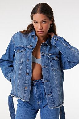 Oversize Fit Rahat Kesim %100 Pamuk Mavi Jean Kot Ceket - Mid Blue-W231616XT