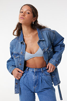 Oversize Fit Rahat Kesim %100 Pamuk Mavi Jean Kot Ceket - Mid Blue-W231616XT (görsel 4)