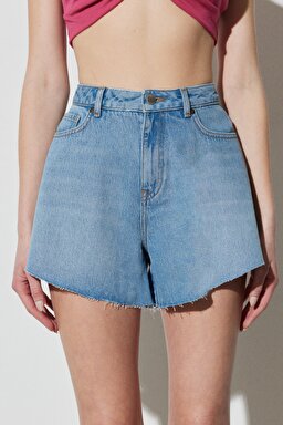 Regular Fit Normal Kesim Yüksek Bel Açık Mavi Esnek Jean Kot Şort - Light Blue-W231618404 (görsel 2)