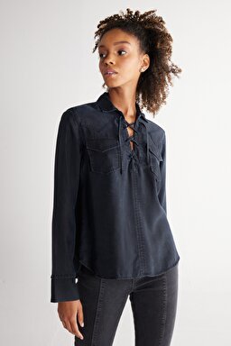 Regular Fit Normal Kesim Yakası Bağcıklı Siyah Jean Kot Gömlek - Black-W231622001