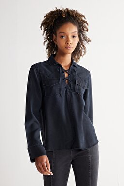 Regular Fit Normal Kesim Yakası Bağcıklı Siyah Jean Kot Gömlek - Black-W231622001 (görsel 2)
