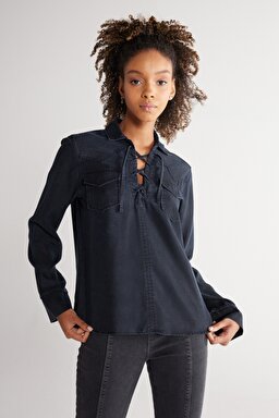 Regular Fit Normal Kesim Yakası Bağcıklı Siyah Jean Kot Gömlek - Black-W231622001 (görsel 3)