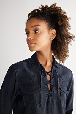 Regular Fit Normal Kesim Yakası Bağcıklı Siyah Jean Kot Gömlek - Black-W231622001 (görsel 5)