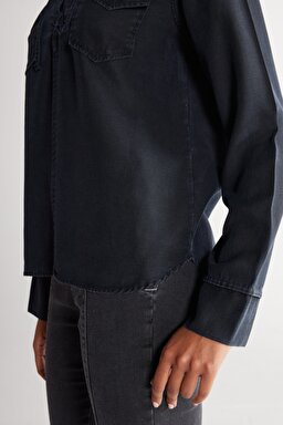 Regular Fit Normal Kesim Yakası Bağcıklı Siyah Jean Kot Gömlek - Black-W231622001 (görsel 6)