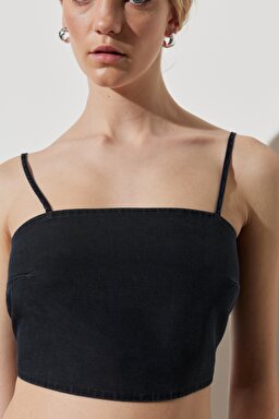 Regular Fit Normal Kesim Askılı Siyah Jean Crop Bluz - Black-W231623001 (görsel 5)
