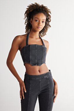 Regular Fit Normal Kesim Düz Yaka Siyah Jean Crop Bluz - Black-W231626001 (görsel 3)