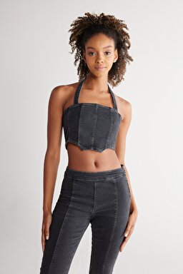 Regular Fit Normal Kesim Düz Yaka Siyah Jean Crop Bluz - Black-W231626001 (görsel 4)