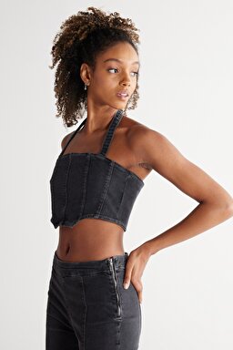 Regular Fit Normal Kesim Düz Yaka Siyah Jean Crop Bluz - Black-W231626001 (görsel 5)