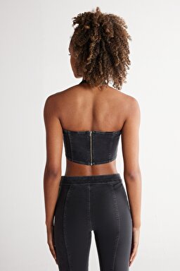 Regular Fit Normal Kesim Düz Yaka Siyah Jean Crop Bluz - Black-W231626001 (görsel 8)