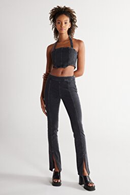 Wide Leg Fit Normal Bel Paça Yırtmaç Detaylı Siyah Esnek Jean Kot Pantolon - Black-W231627001 (görsel 3)