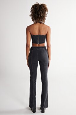 Wide Leg Fit Normal Bel Paça Yırtmaç Detaylı Siyah Esnek Jean Kot Pantolon - Black-W231627001 (görsel 7)