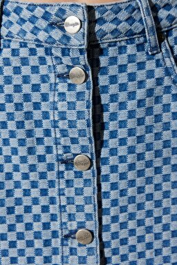 Skinny Fit Dar Kesim %100 Pamuk Yüksek Bel Mavi Jean Mini Etek - Mid Blue-W231631XT (görsel 5)