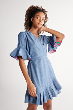 Regular Fit Normal Kesim %100 Pamuk V Yaka Jean Kot Kısa Elbise - Light Blue-W231637404 (görsel 2)
