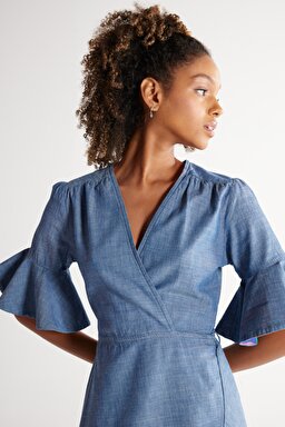 Regular Fit Normal Kesim %100 Pamuk V Yaka Jean Kot Kısa Elbise - Light Blue-W231637404 (görsel 5)