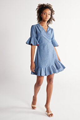 Regular Fit Normal Kesim %100 Pamuk V Yaka Jean Kot Kısa Elbise - Light Blue-W231637404 (görsel 7)