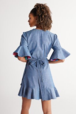 Regular Fit Normal Kesim %100 Pamuk V Yaka Jean Kot Kısa Elbise - Light Blue-W231637404 (görsel 8)
