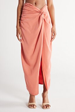 Regular Fit Normal Kesim Yüksek Bel Somon Yırtmaçlı Uzun Etek - Light Pink-W231638590